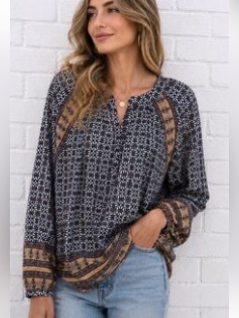 Anthropologie NWT L Patterned navy rust 100% rayon boho hippie tunic Top